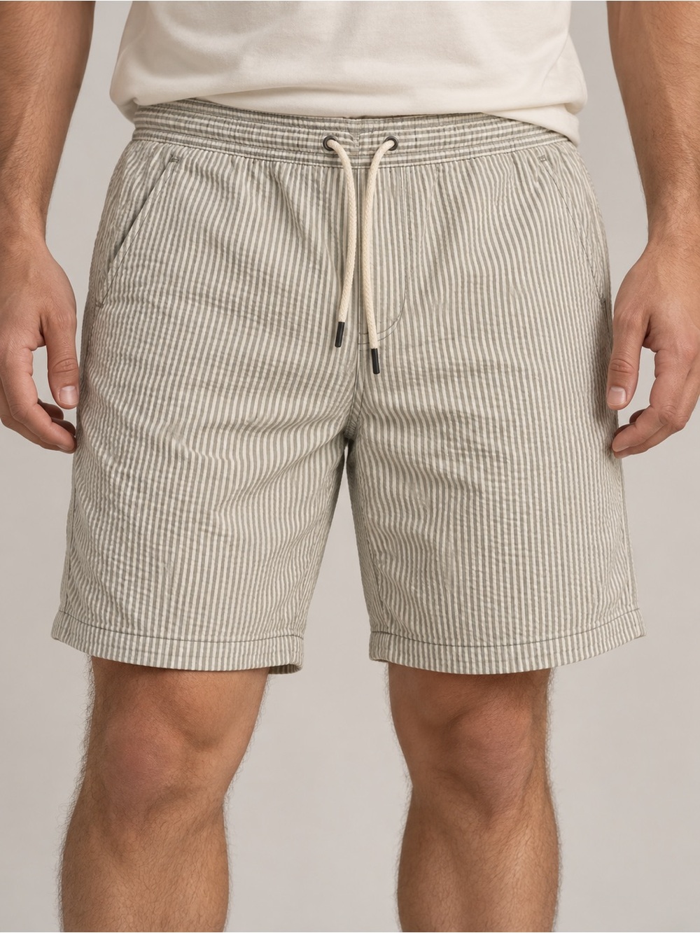 Striped Seersucker Hybrid Shorts - Beige/Cream